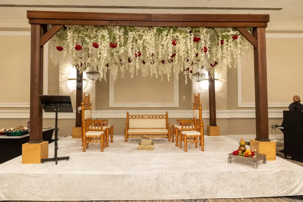 indian wedding mandap wood frame white floral canopy