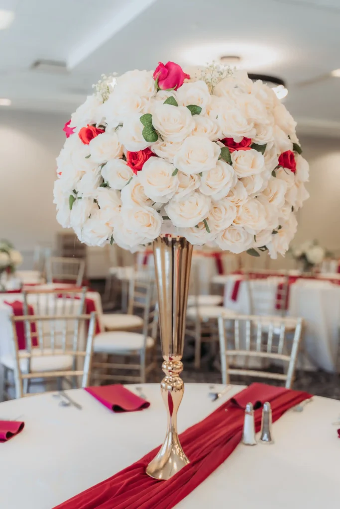 tall white red rose ball centerpiece gold vase