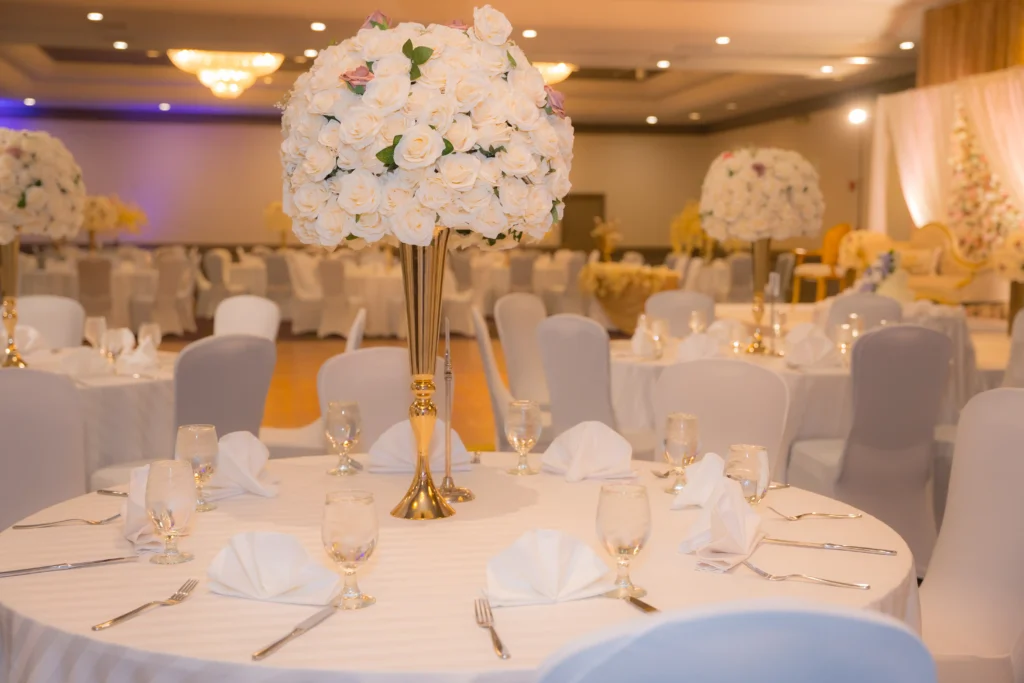 white rose ball gold vase banquet hall white chair covers