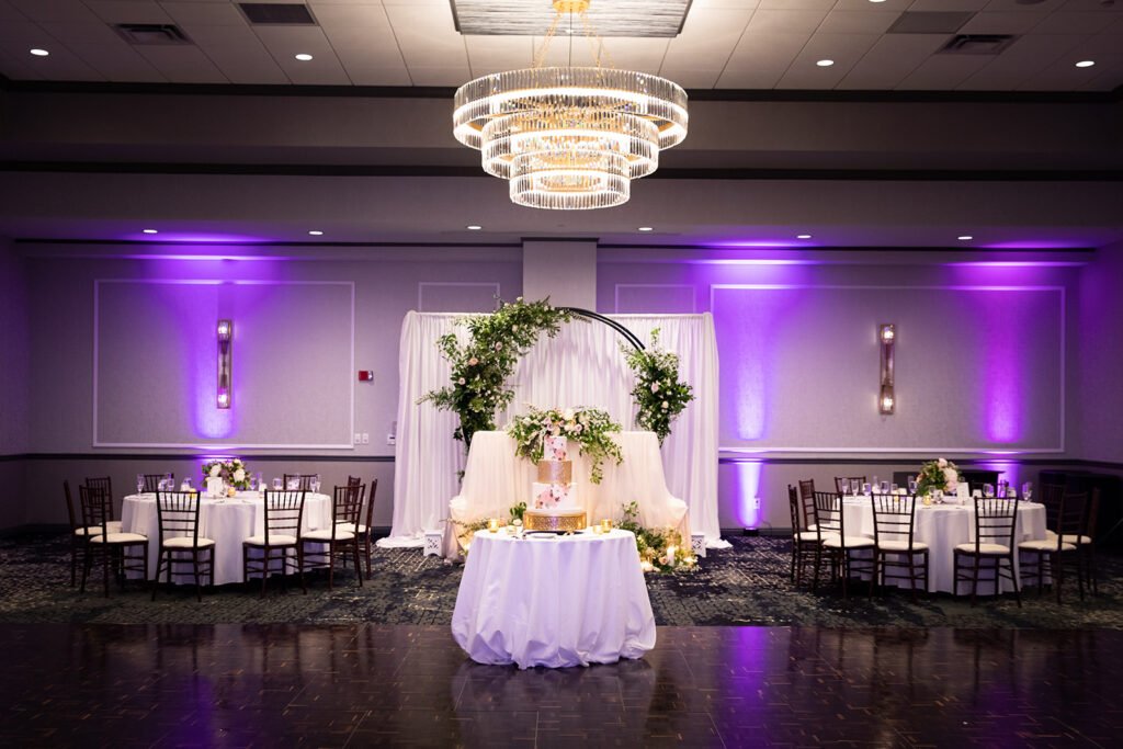 Elegant wedding reception decor Pittsburgh — grand ballroom with chandelier, floral arch and luxury wedding design