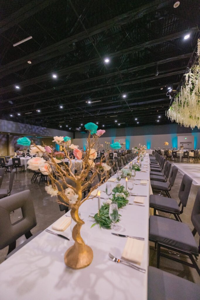 Gold tree banquet centerpieces Pittsburgh — luxury long-table wedding reception decor